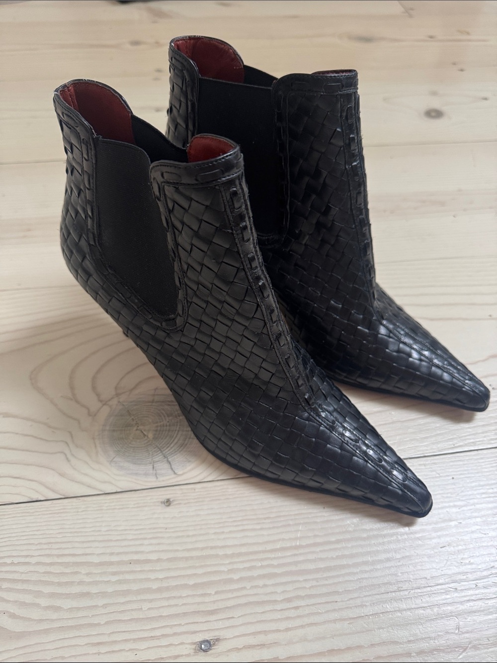 Donald J. Pliner Black Woven Pointed-Toe Ankle Booties with Red Lining - Picture 3 of 5